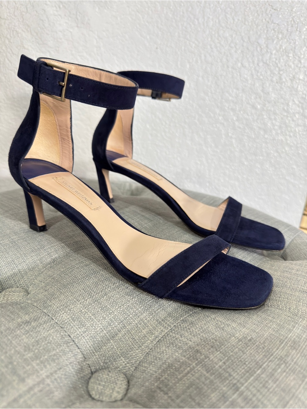 Stuart Weitzman velvet blue royal stray heels